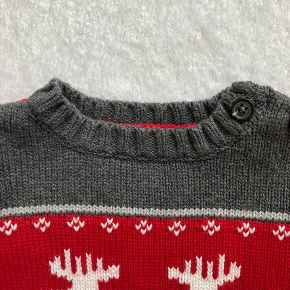 Gymboree Baby Sweater 6-12M Red Grey Moose Knit Pullover | Holiday Winter VGUC - Picture 2 of 16